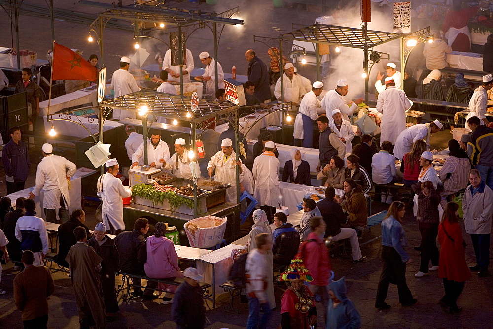 Elevated view over Djemaa el-Fna in the evening when the square is filled with food stalls, Marrakech (Marrakesh), Morocco, North Africa, Africa