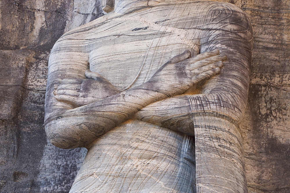 Detail of the rock carved granite image of the 7m tall standing Buddha, Gal Vihara, Polonnaruwa (Polonnaruva), UNESCO World Heritage Site, Sri Lanka, Asia