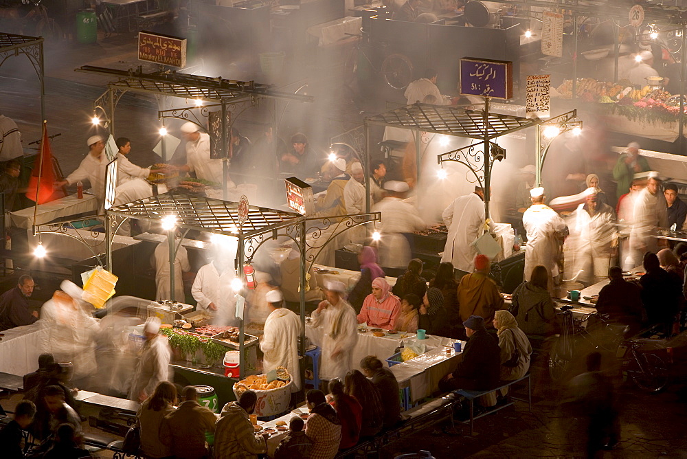 Food stalls in the evening, Djemaa el Fna, Marrakesh, Morocco, North Africa, Africa