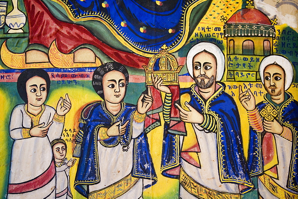 Murals in the beautifully painted Inner Sanctuary of the Christian Church of Ura Kedane Meheriet, Zege Peninsula, Lake Tana, Ethiopia, Africa