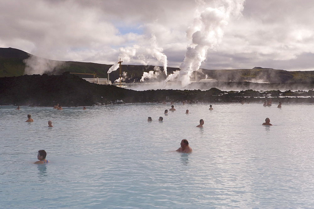 Water rich in blue-green algae (cyanobacteria), mineral salts and fine silica mud at the geothermal spa that owes its existence to the Svartsengi geothermal power plant, Blue Lagoon, near Reykjavik, Iceland, Polar Regions