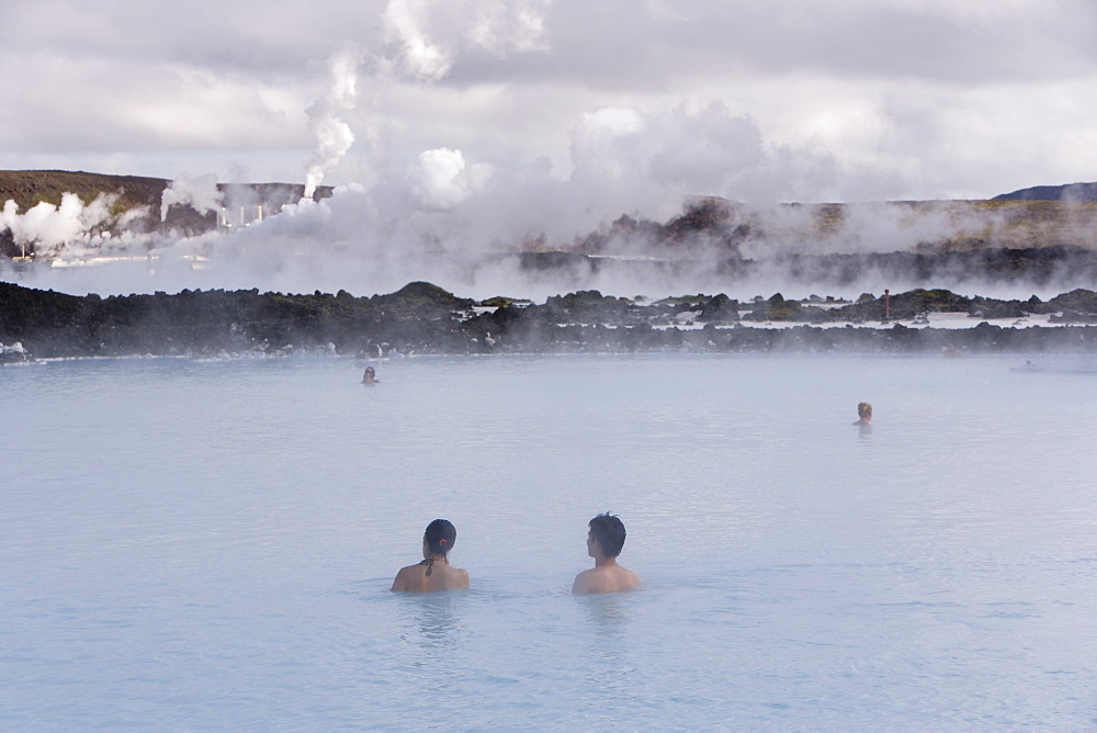 Water rich in blue-green algae (cyanobacteria), mineral salts and fine silica mud at the geothermal spa that owes its existence to the Svartsengi geothermal power plant, Blue Lagoon, near Reykjavik, Iceland, Polar Regions