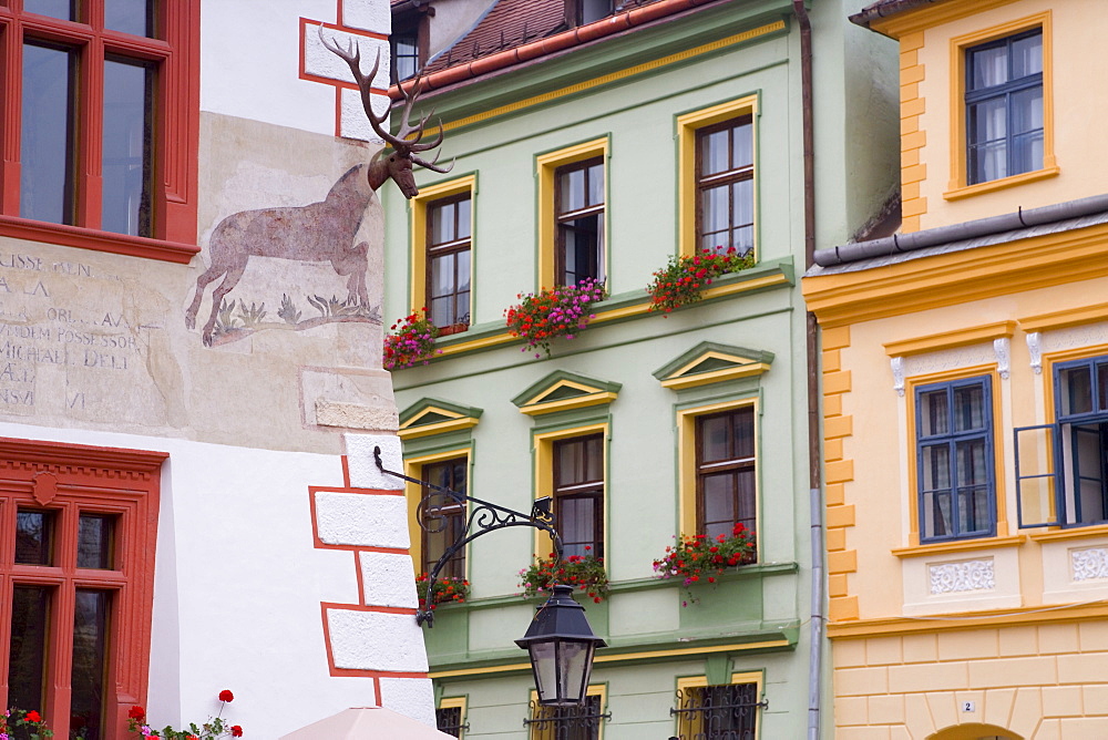 Piata Cetatii, detail of houses in the central square, lined with 16th century burgher houses in the medieval citadel, Sighisoara, UNESCO World Heritage Site, Transylvania, Romania, Europe