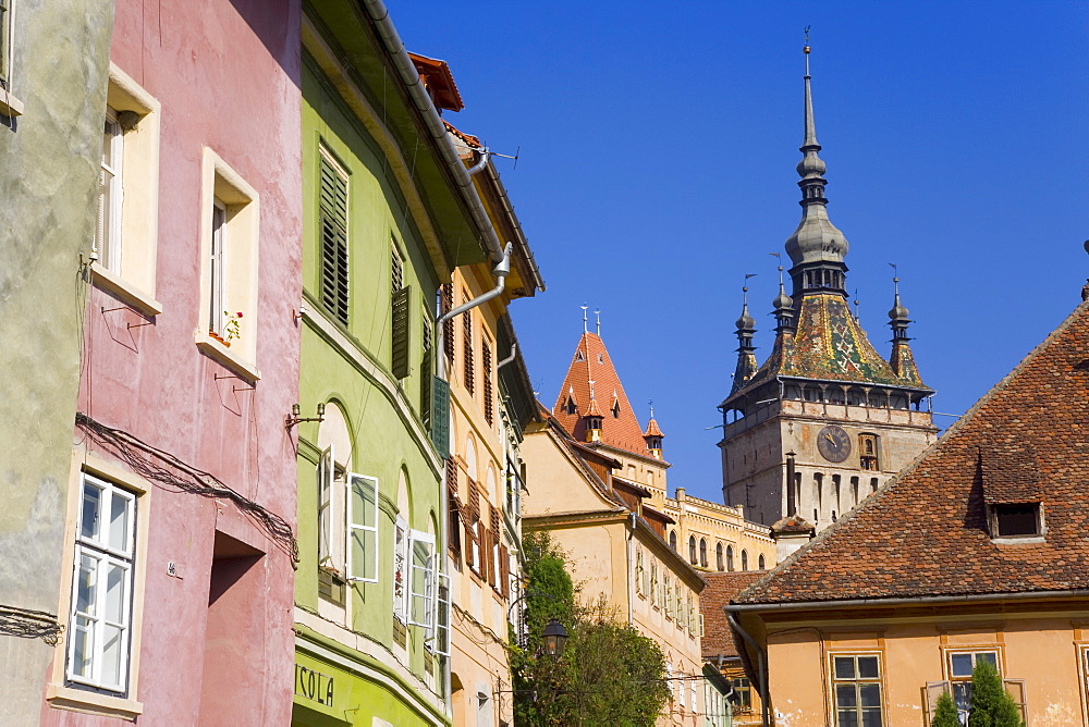 Clock tower (Turnul cu Ceas) and colourfully painted houses, in the medieval old town or citadel, Sighisoara, UNESCO World Heritage Site, Transylvania, Romania, Europe