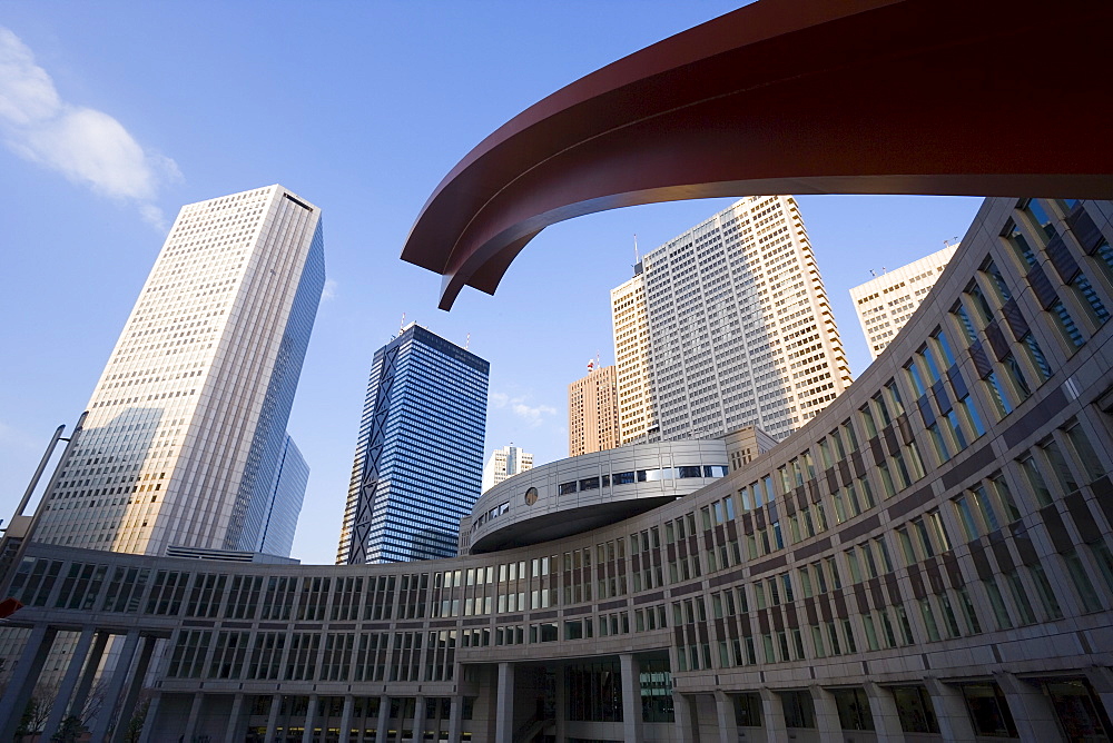 Low angle view of office buildings, Shinjuku, Tokyo, Honshu, Japan, Asia