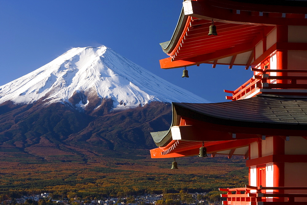 Mount Fuji capped in snow and the upper levels of a temple, Fuji-Hakone-Izu National Park, Central Honshu (Chubu), Japan, Asia