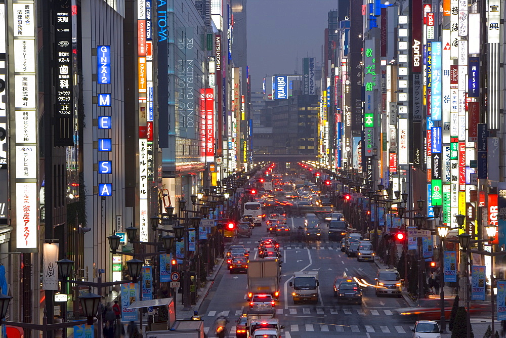 Chuo-dori, elevated view at dusk along Tokyo's most exclusive shopping street, Ginza, Tokyo, Honshu, Japan, Asia