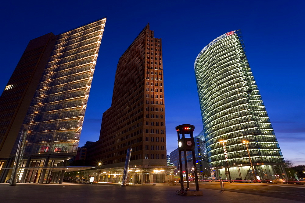 New urban development, skyscrapers at dusk in Potsdamer Platz, Berlin, Germany, Europe