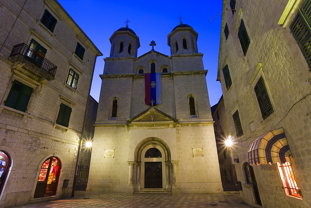 St. Nicholas Serbian Orthodox church illuminated at dusk, Old Town, UNESCO World Heritage Site, Kotor, Montenegro, Europe