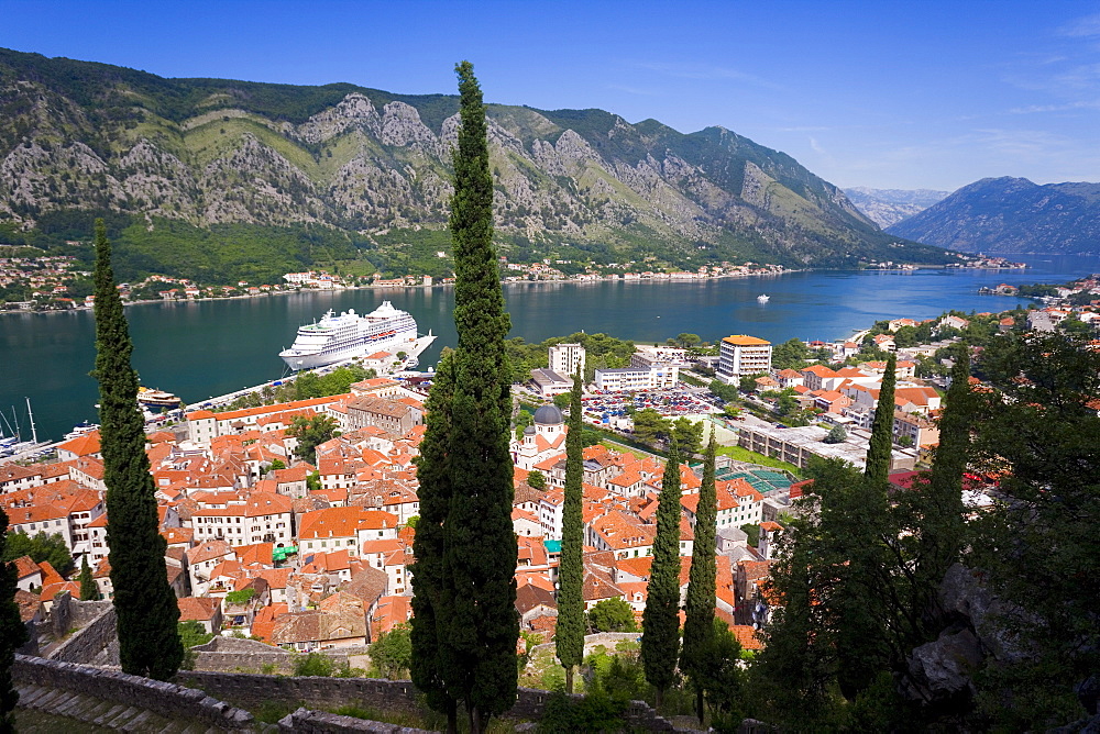 Elevated view over the Old Town, Fjord and mountains from the walls of the Kotor fortress which forms a continuous belt around the Old Town, UNESCO World Heritage Site, Kotor, Bay of Kotorska, Adriatic coast, Montenegro, Europe