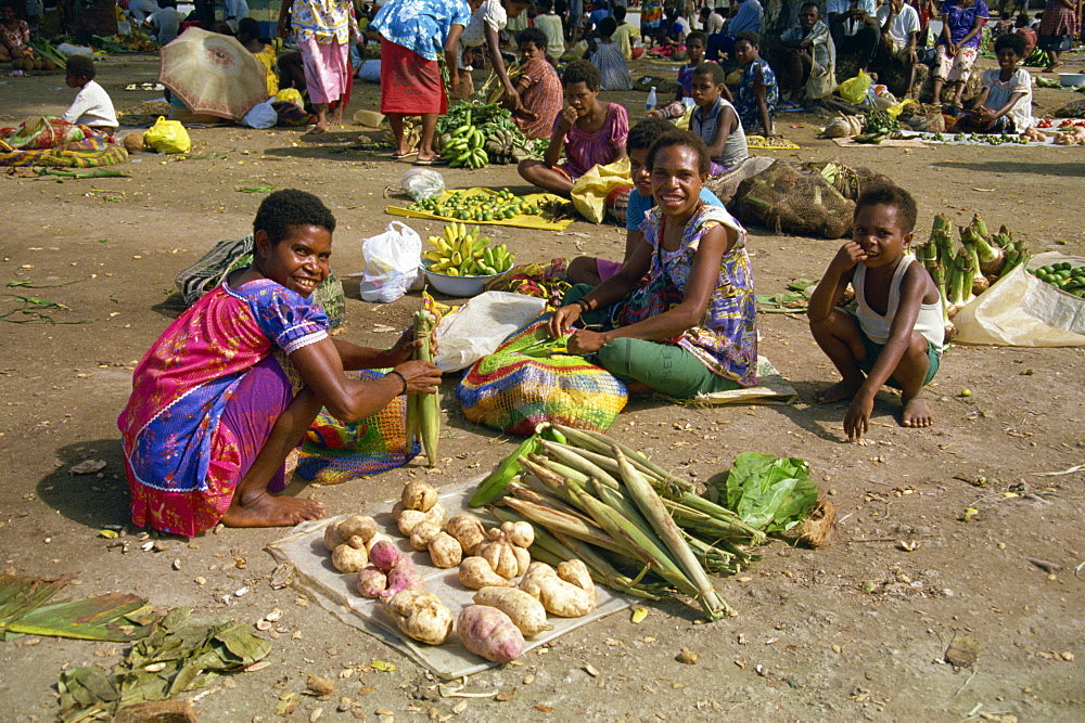 Women selling bananas and vegetables at a market in Madang, Papua New Guinea, Pacific Islands, Pacific