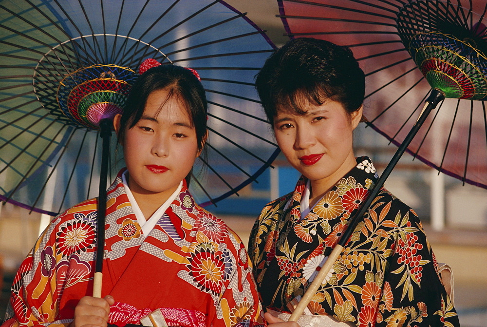 Portrait of two women wearing traditional kimonos, Japan, Asia