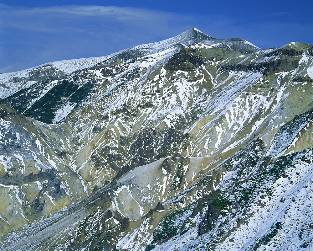 The snow capped Daisetsuzan Mountains on Hokkaido, Japan, Asia