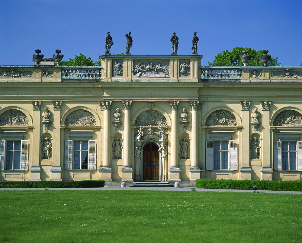 Statues and decorative facade of the Wilanow Palace dating from 1696, in Warsaw, Poland, Europe