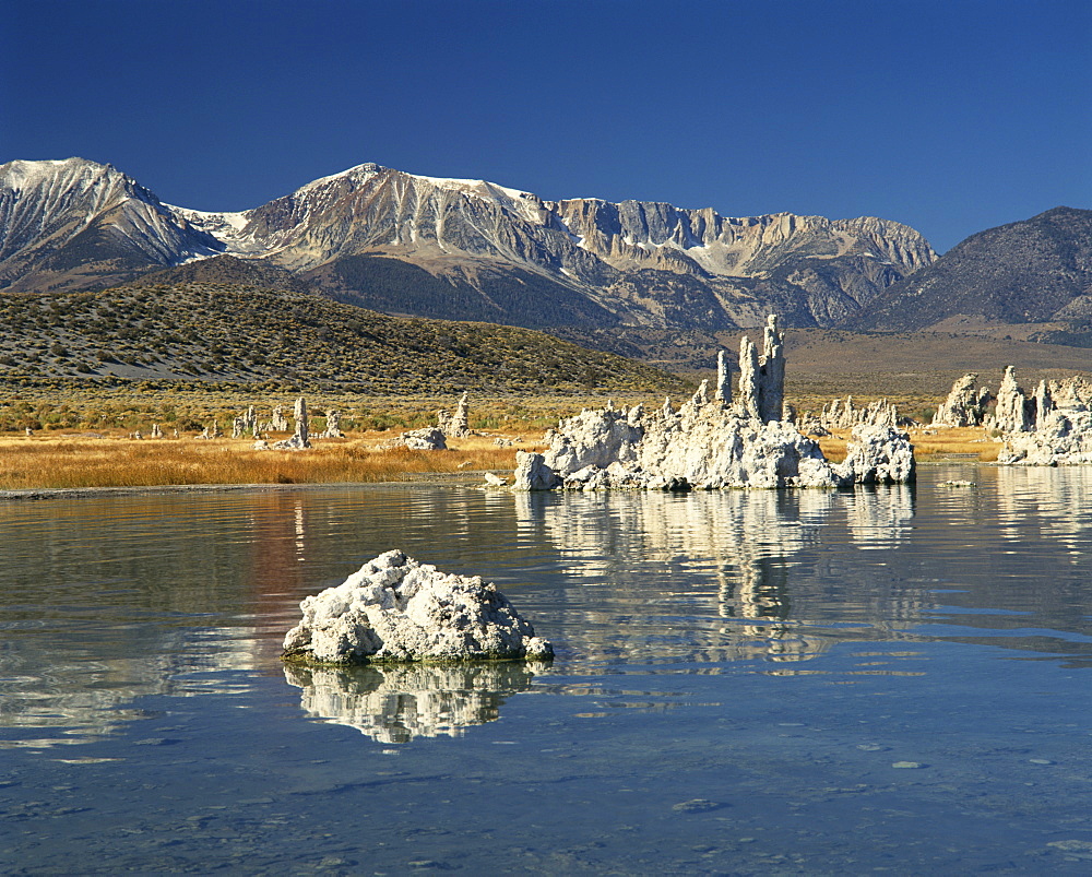 Tufas of calcium carbonate at lake in Mono Lake Tufa State Reserve, with mountains in the background, in California, United States of America, North America