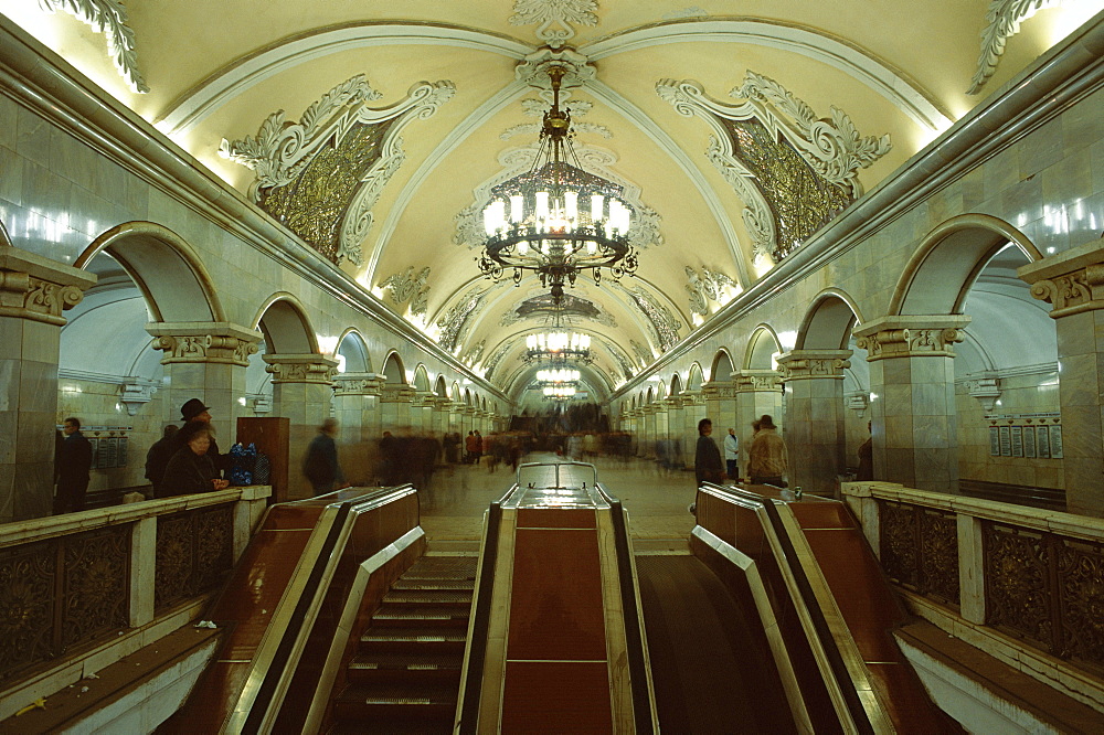 Interior of a metro station, with ceiling frescoes, chandeliers and marble halls, Moscow, Russia, Europe