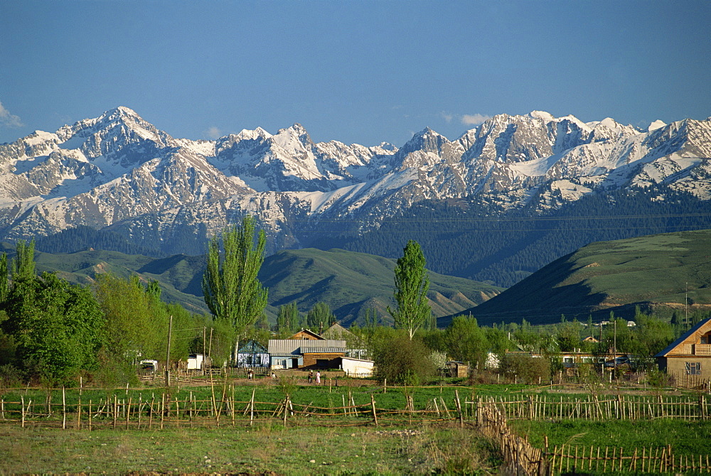 Farm near Lake Issyk-Kul in the Tien Shan mountain range, Tersey Alatoo mountains, Kirghizstan, CIS, Central Asia, Asia