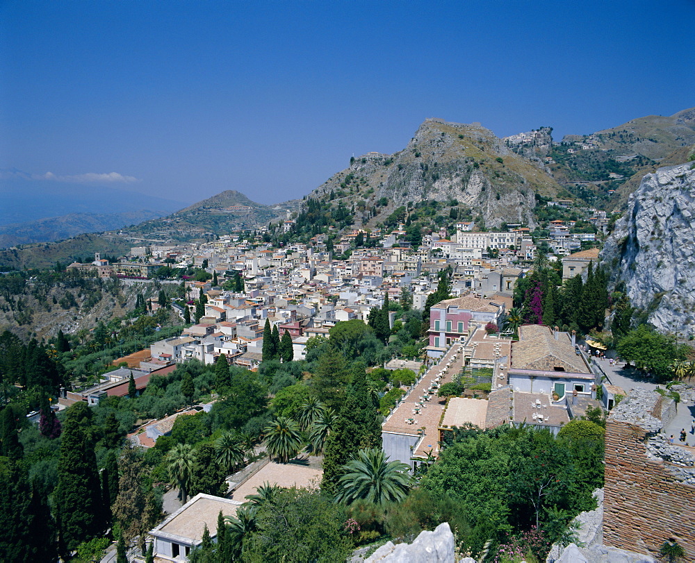 View from the Greek-Roman theatre, Taormina, Sicily, Italy, Europe