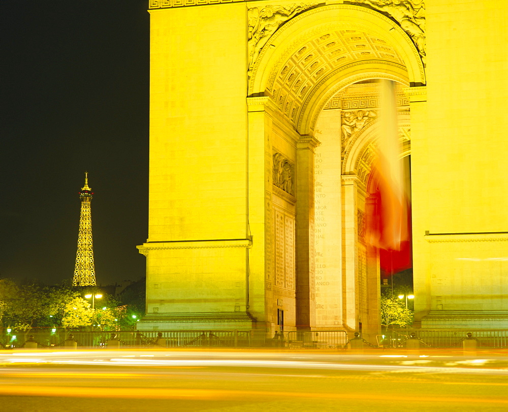 Arc de Triomphe and Eiffel Tower at night, Paris, France, Europe