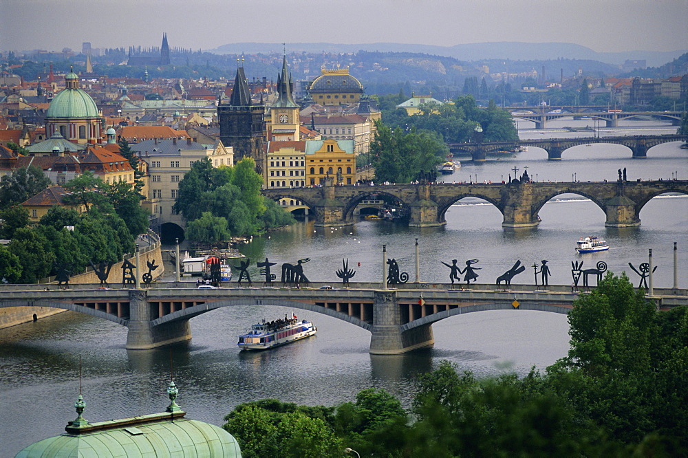 Manesuv Bridge with modern sculpture over the Vltava River, Prague, Czech Republic, Europe