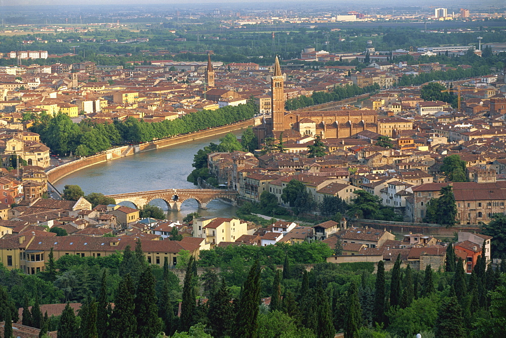 Low aerial view over the town of Verona and the River Adige, Verona, Veneto, Italy, Europe