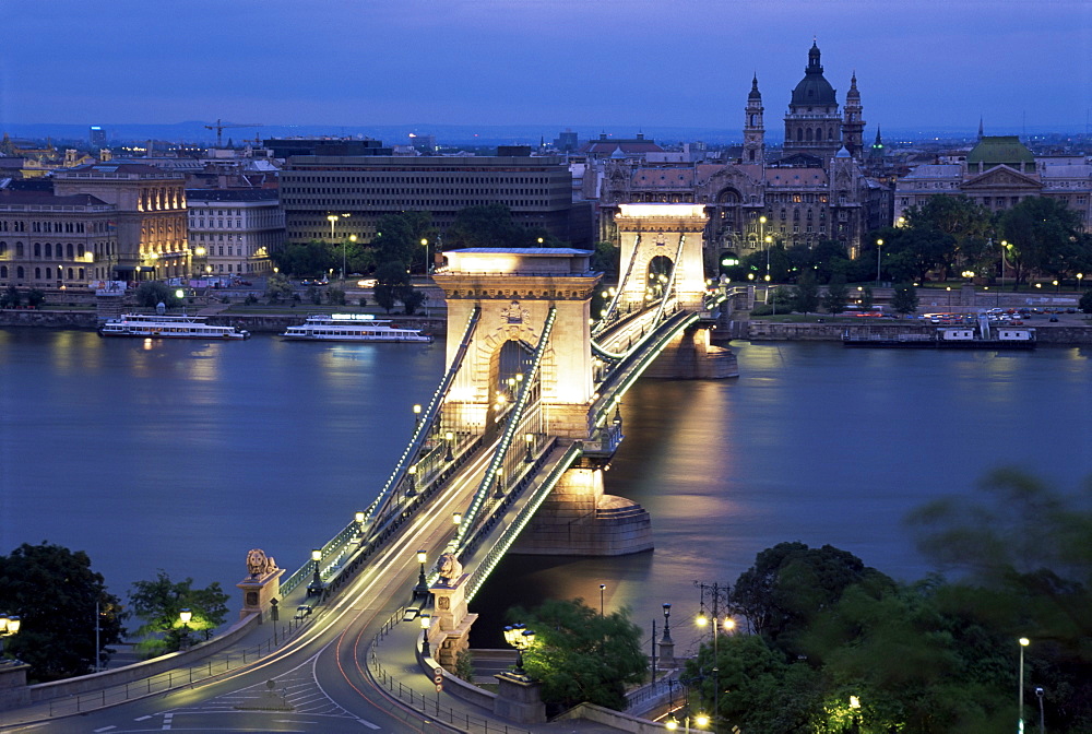 View over Chain Bridge and St. Stephens basilica, Budapest, Hungary, Europe