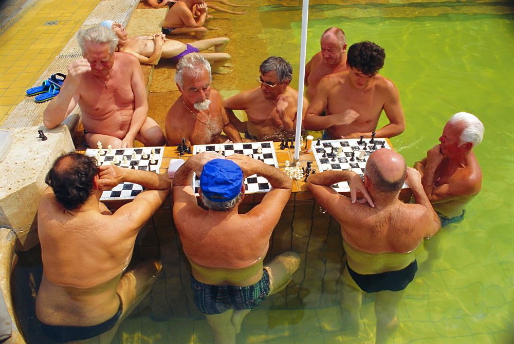 Men playing chess, Municipal Szechenyi Baths, Budapest, Hungary, Europe