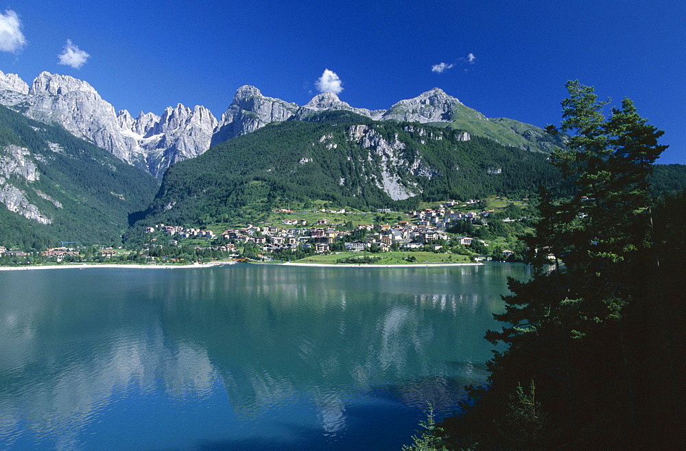 Reflections in lake, Molveno, Brenta Dolomites, Dolomite mountains, Trentino Alto-Adige, Italy, Europe