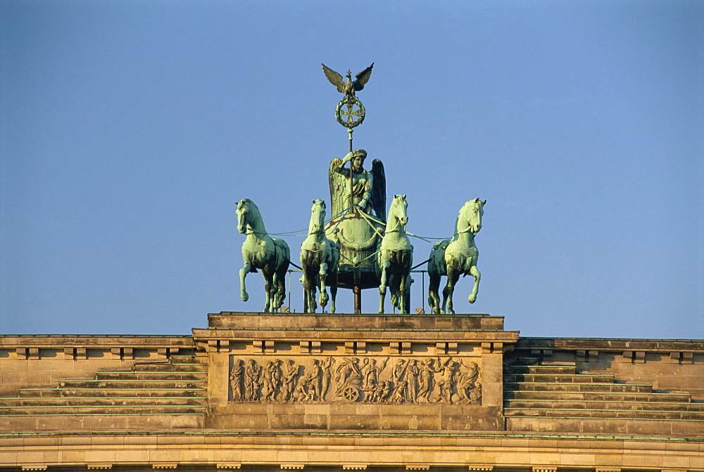 Close-up of the Quadriga atop the Brandenburg Gate, Berlin, Germany, Europe