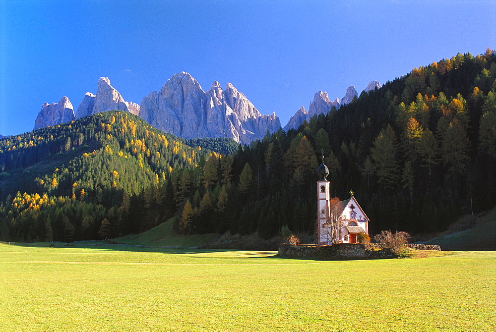 St Johann Church and the Dolomites in the Background, Trentino, Italy