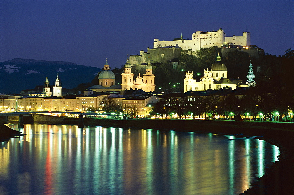 Salzach River and domes of Cathedral and Kollegenkirche, at night, Salzburg, UNESCO World Heritage Site, Austria, Europe