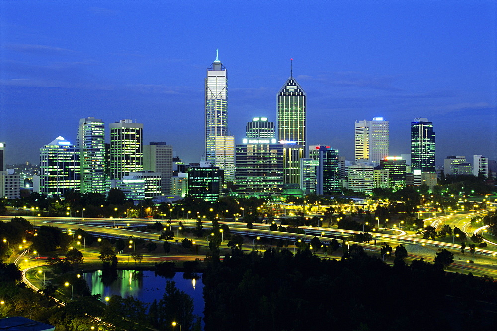 City skyline and Swan River from Kings Park in the evening, Perth, Western Australia, Australia, Pacific