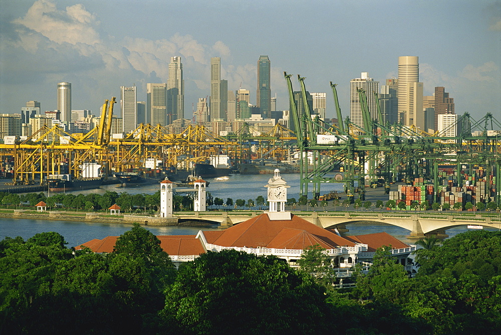 The city skyline and the world's busiest container port from Sentosa Island, Singapore, Southeast Asia, Asia