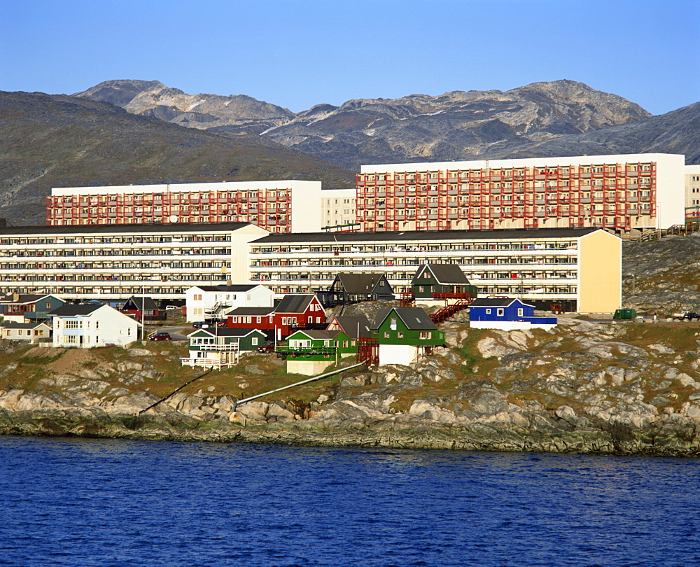 Houses and apartment buildings on the shore at Nuuk, Godthab, capital city of Greenland, Polar Regions