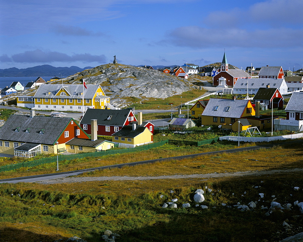 Our Saviour's church and Jonathon Petersen memorial, Nuuk (Godthab), Greenland, Polar Regions