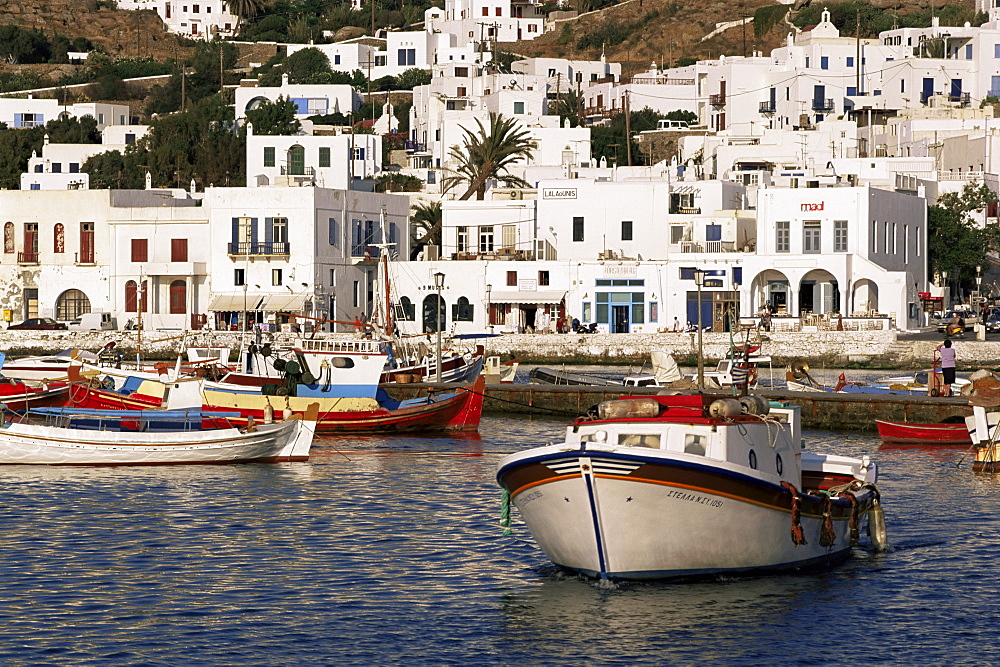 Fishing boats and harbour, Mykonos, Hora, Cyclades, Greece, Europe