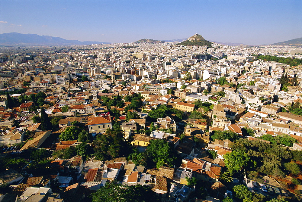 View across Athens from Plaka towards Lykavittos Hill, Greece, Europe