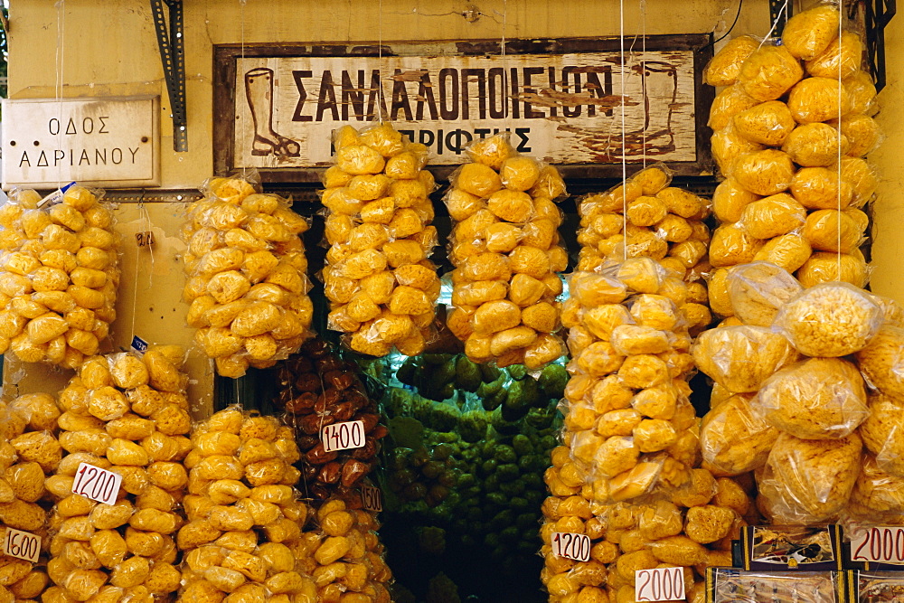 Sponges for sale in Plaka, Athens, Greece, Europe