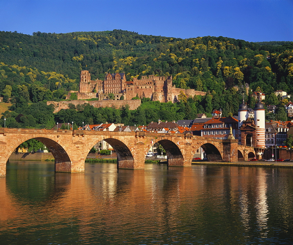 Heidelberg Castle, Alte Brucke and the River Neckar, Heidelberg, Baden Wurttemberg, Germany