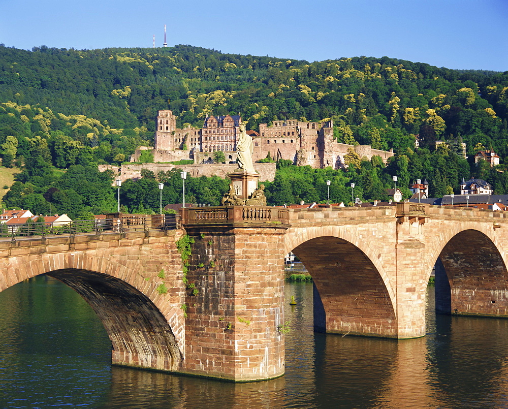 Castle, Neckar River and Alte bridge, Heidelberg, Baden-Wurttemberg, Germany, Europe