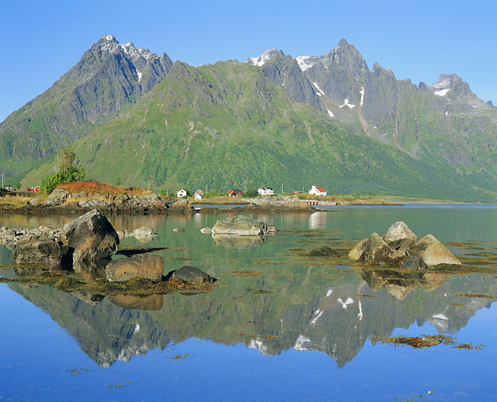 Red church on Austnesfjord, Lofoten Islands, Nordland, Norway, Scandinavia