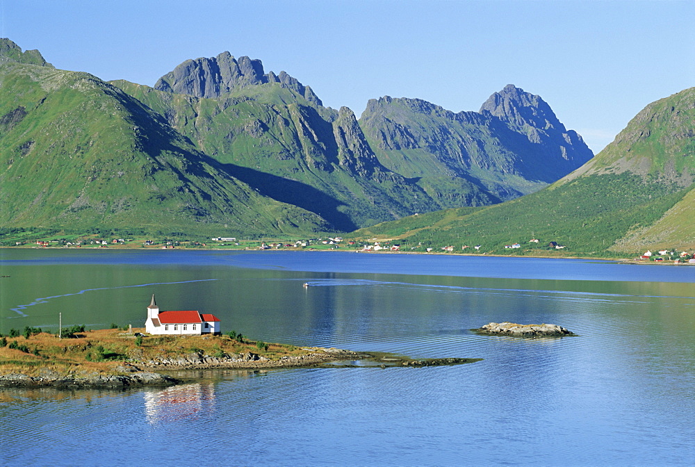 Austnesfjorden and Trolltinden mountain range, Lofoten Islands, Nordland, Norway, Scandinavia, Europe