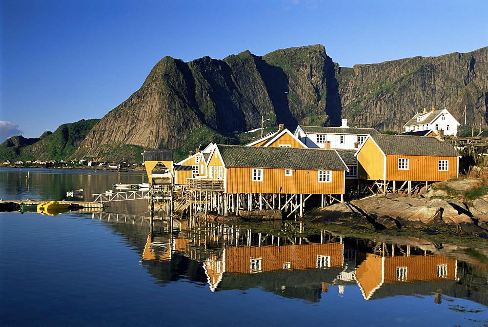 Fishing village on Sakrisoya Island, Moskenesoya, Lofoten Islands, Nordland, Norway, Scandinavia, Europe