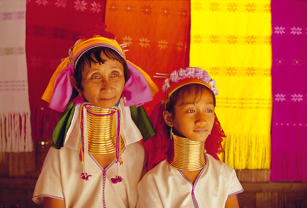 Portrait of two 'Long necked' Padaung tribe women, Mae Hong Son Province, northern Thailand, Asia