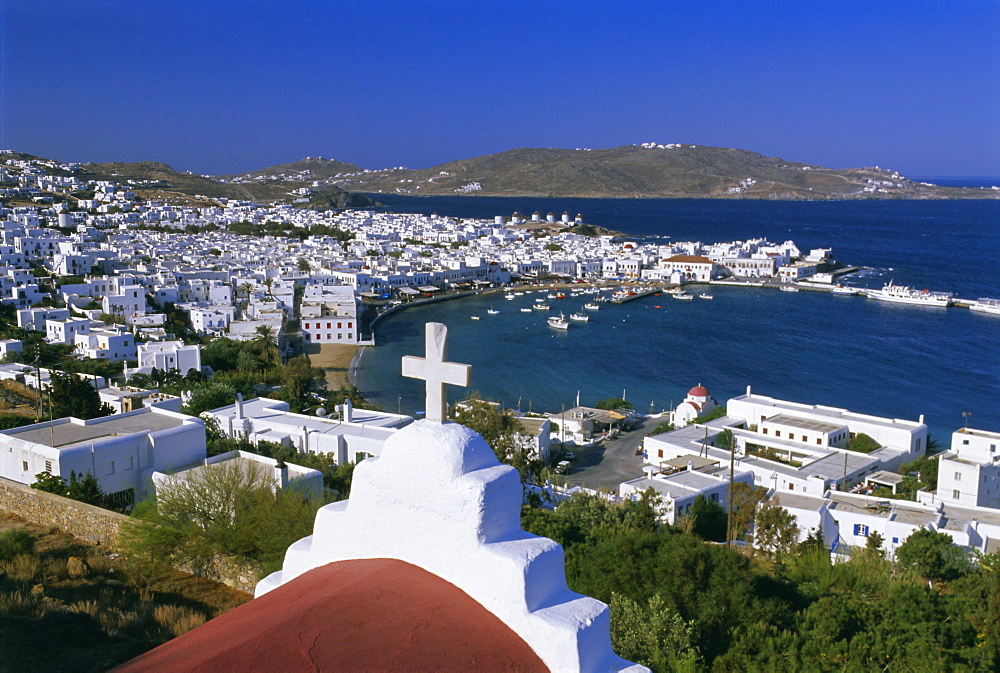 Elevated view of city, Mykonos (Hora), Cyclades Islands, Greece, Europe