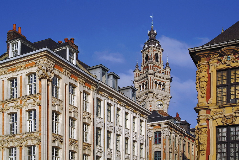 Flemish buildings in the Grand Place (Place du General de Gaulle), with the Nouvelle Bourse (new mint) tower in centre, Lille, Nord, France, Europe