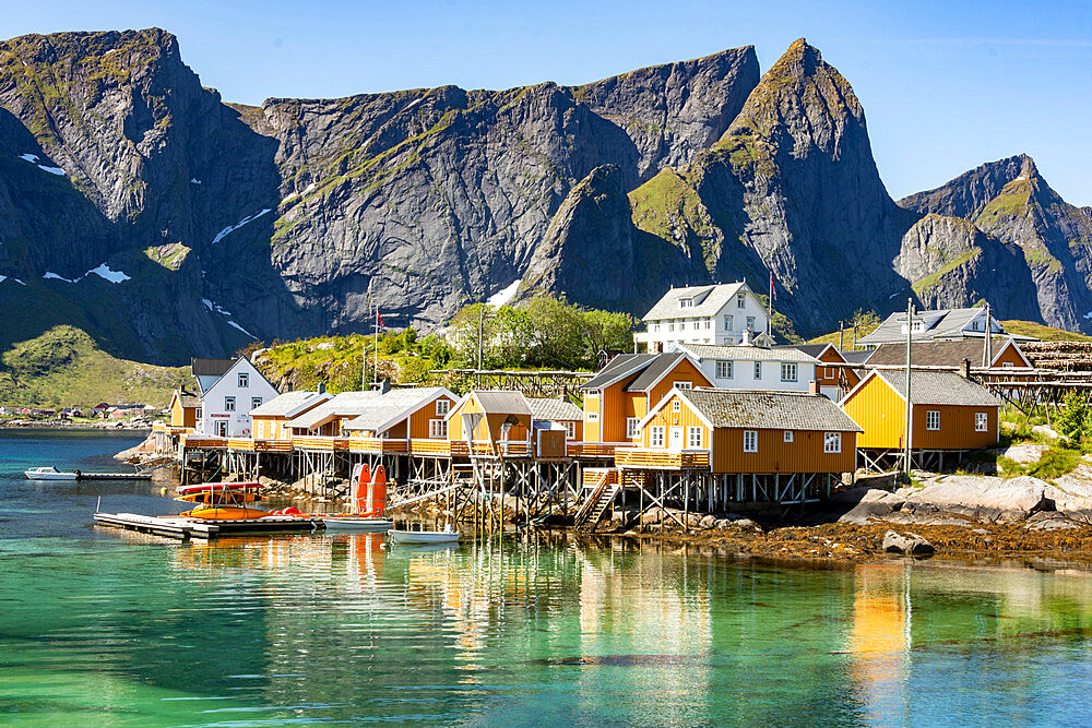 Fishing village on Reinefjorden, Saknesoya, Lofoten Islands, Norway, Scandinavia, Europe