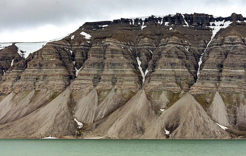 Large alluvial fans along wall of Tempelfjorden, Spitsbergen, Svalbard, Arctic, Norway, Europe