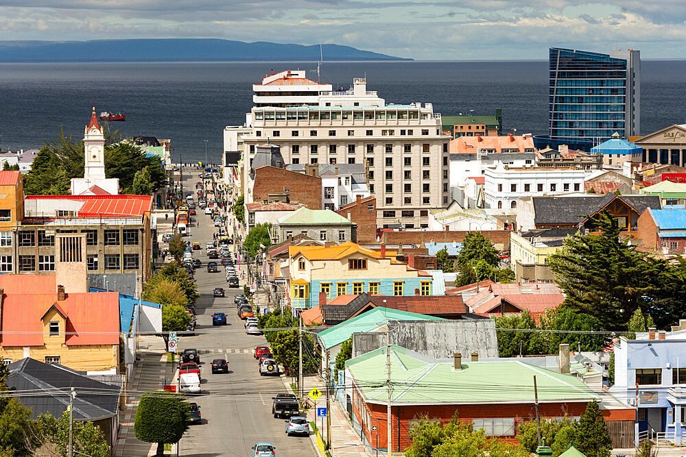 View down Avenida Independencia to Magellan Strait, Punta Arenas, Chile, South America