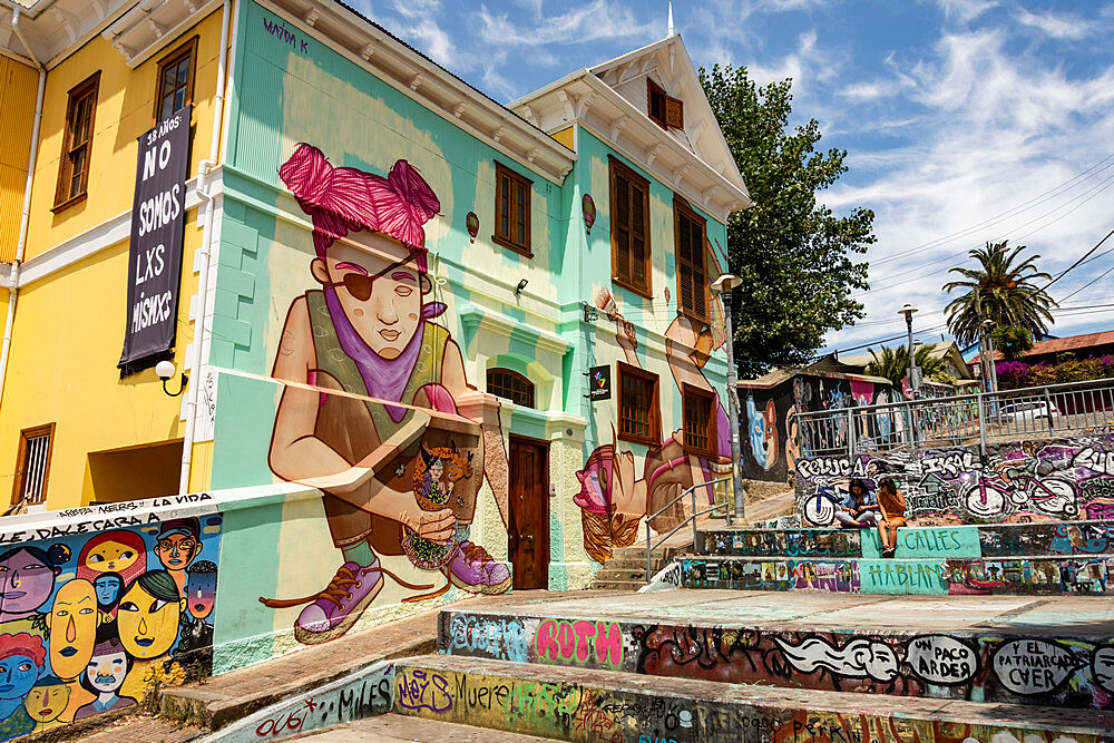 Street art in the old town above the ascensor funiculars, Valparaiso, Chile, South America